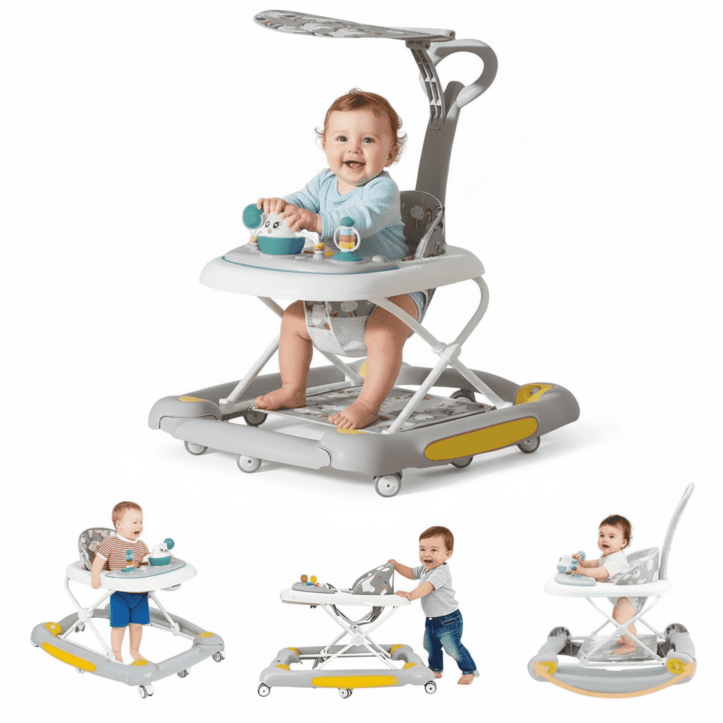 StarZe 6-in-1 Baby Walkers, Height Adjustable with Music and Lights, Foldable Push Walker for Boys and Girls 6-24 Months,Gray