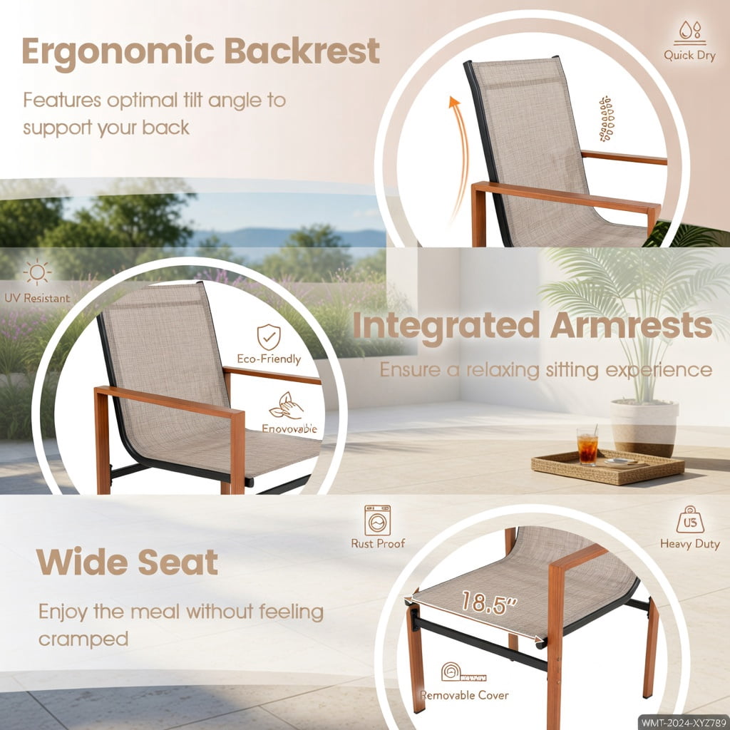 Hommoo 2-Pack Outdoor Patio Dining Chairs, Breathable Fabric Seat & Back, Rust-Resistant Wood-Grain Armrests, Heavy-Duty Metal Frame, Brown