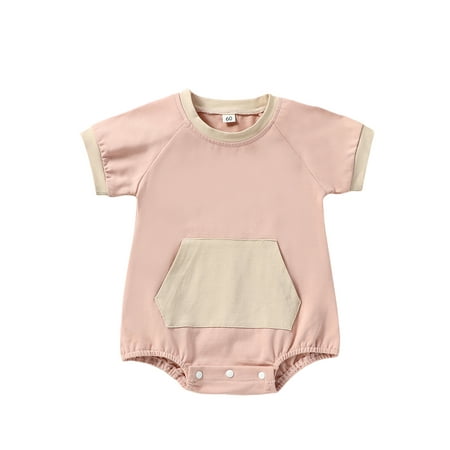 

Baby Boys Girls Summer Romper Short Sleeve Crew Neck Contrast Color Pocket Bodysuit