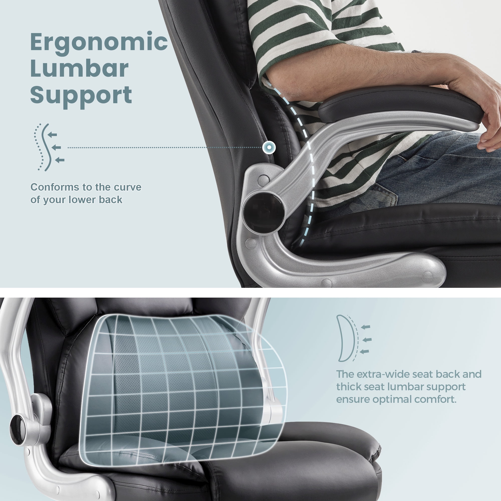 Black Executive Office Chair Big and Tall Computer Desk Chair with Adjustable Flip-up Armrests, High Back Leather Chair with Lumbar Support, Swivel Rolling Chair for Adults Working Study