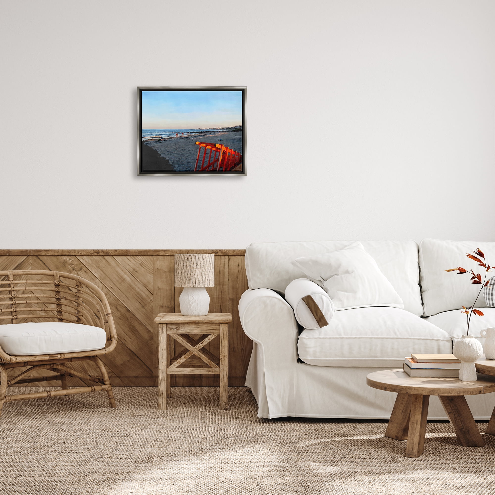 Stupell Beach Walkway People Lounging Landscape Painting Gray Floater Framed Art Print Wall Art