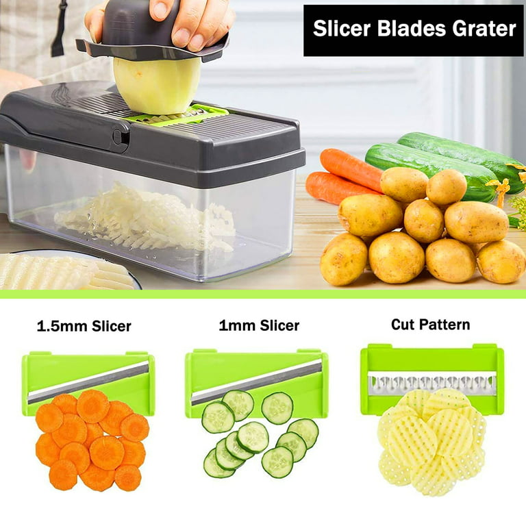 Vegetable Chopper, RKINC Mandoline 14 in 1 Slicer Cutter Chopper and Grater  8 Replaceable Stainless Steel Vegetable Cutter with Egg Separator Hand Guard  Julienne Grater for Onion Potato Fruits 