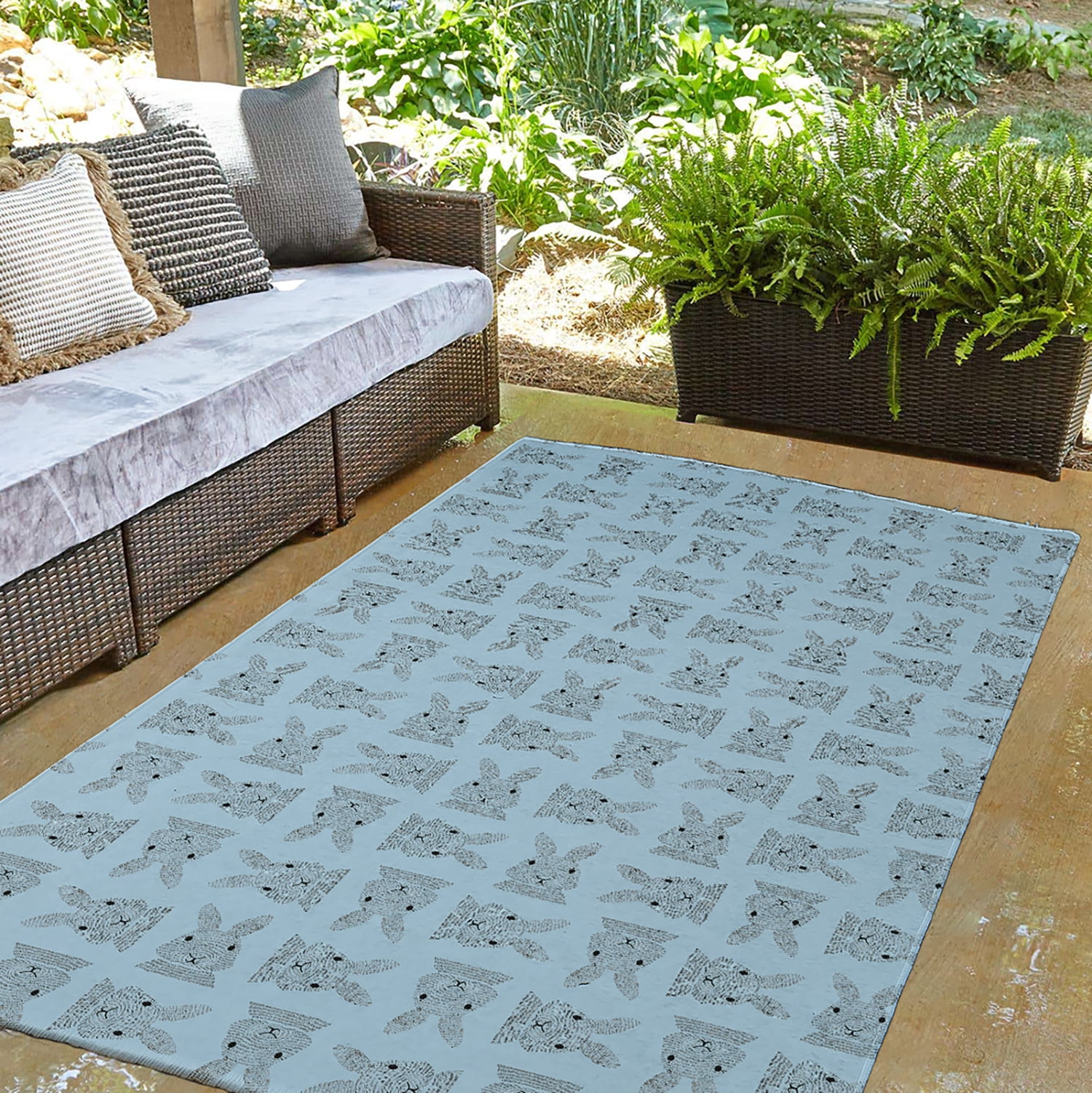 Simply Daisy 3' x 5' After Rain Blue Criss Cross Bunnies Easter Chenille Indoor/Outdoor Rug