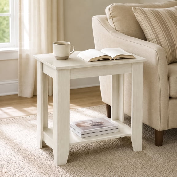 VECELO Narrow Side End Table with Open Storage Shelf, Compact Light Wood Accent Table for Sofa Side, Bedroom & Entryway, White