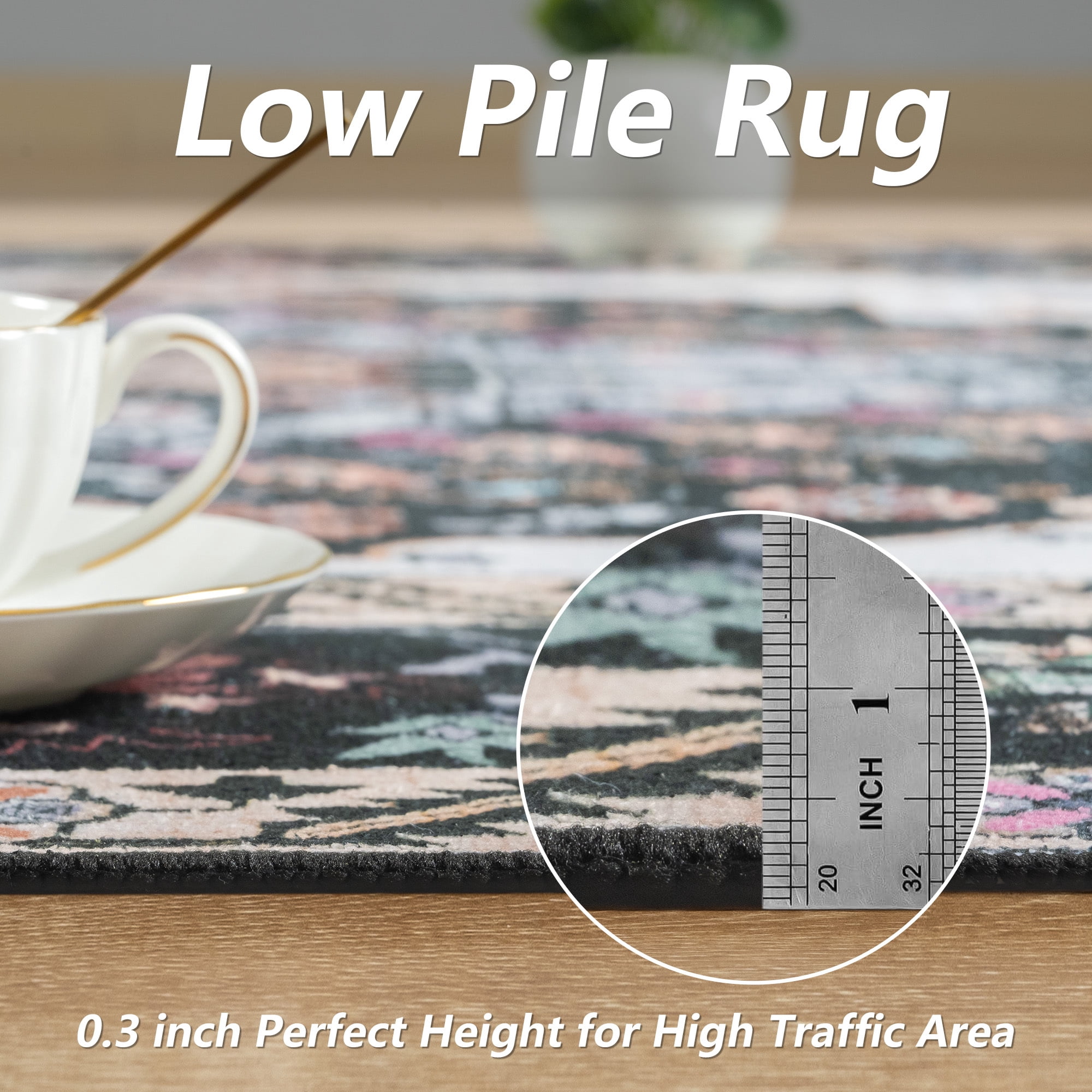 Wondo 7x10 Black Area Rug - Machine Washable Non-Slip Rubber Backing, Low Pile Vintage Carpet for Living Room Bedroom Kitchen Dining Office