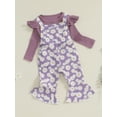 thumbnail image 3 of Suealasg Toddler Girls Fall Outfits Set Clothes 1T 2T 3T 4T 5T Fly Sleeve Ribbed T-shirt +Daisy Print Suspender Flared Pants 2Pcs Autumn Clothing for Little Girls, 3 of 7