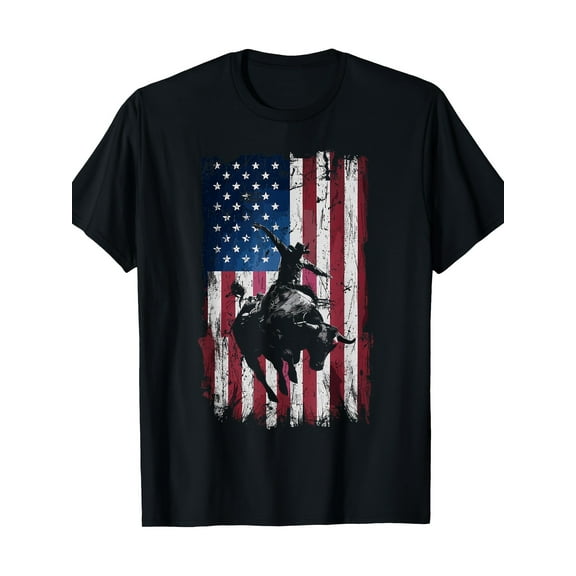[Cowboy American Flag T-Shirt] Men's Rodeo T-Shirt with American Flag Design