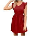 thumbnail image 2 of Summer Saving Wycnly Womens Dresses Beach Casual Ruffle Sleeve Elastic Waist Swing A Line Short Dresses Summer Solid V-Neck Short Sleeve Formal Mini Dress Red l, 2 of 5