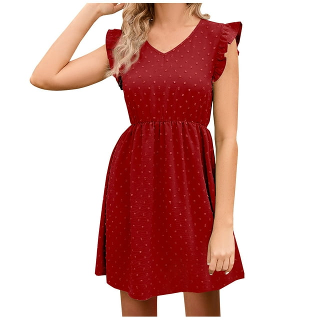 AherBiu Boho Dresses for Women Ruffle Shoulder Dotted V Neck Elastic Waist Ruched Flowy Short Dress