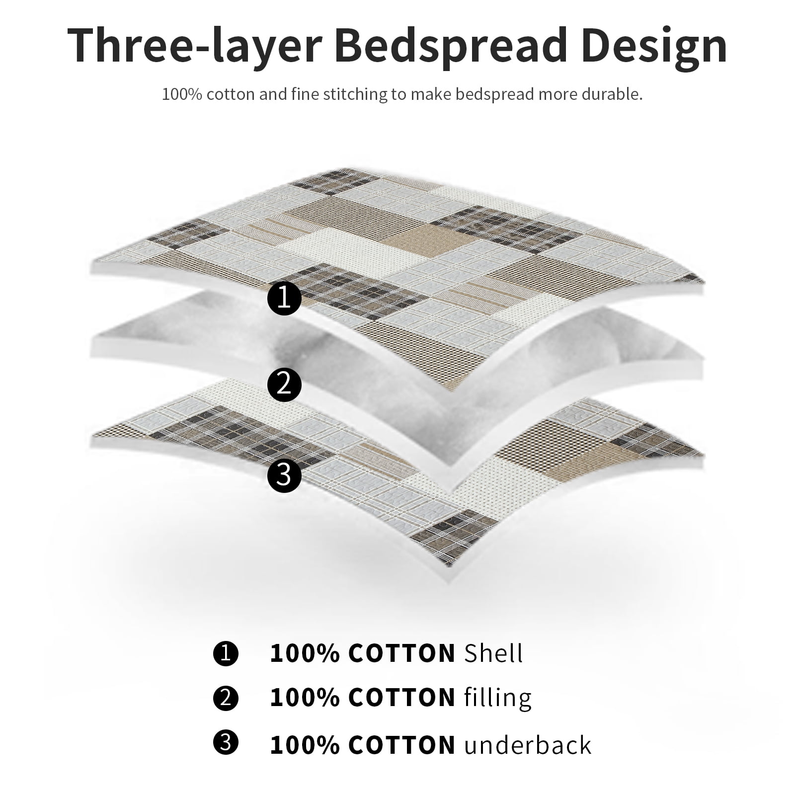 DDUOXIN Queen Size Quilt Set - 100% Cotton Beige/Brown Patchwork Plaid Farmhouse Quilt for Queen Bed, Lightweight Winter Quilt Reversible Thin Comforter Set with 2 Pillow Shams, 3-Piece 98"x90"