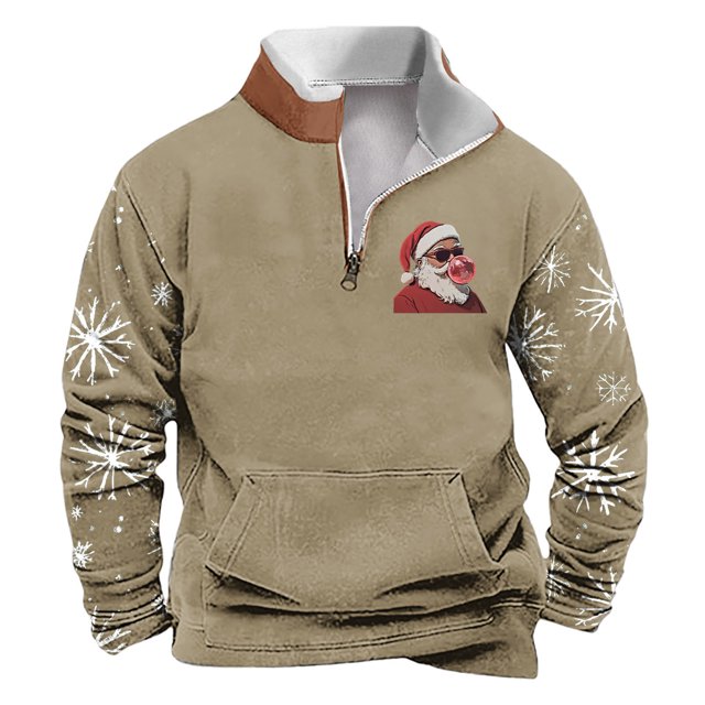 Sudadera sin capucha para hombre, de invierno, con cuello alto, cremallera, estampado navideño, jersey de manga larga, sudadera con capucha, blusa de poliéster para hombre