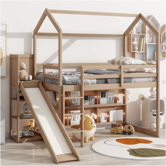 JERFIT Twin House Loft Bed with Slide, Shelves, Light, Wood