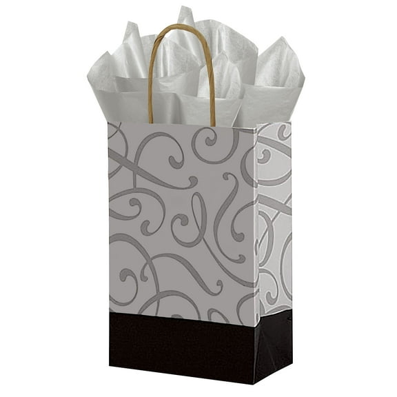 SSWBasics Small Black and Silver Swirl Paper Shopping Bags - 5 ¼”L x 3 ½”D x 8 ½”H - Case of 100