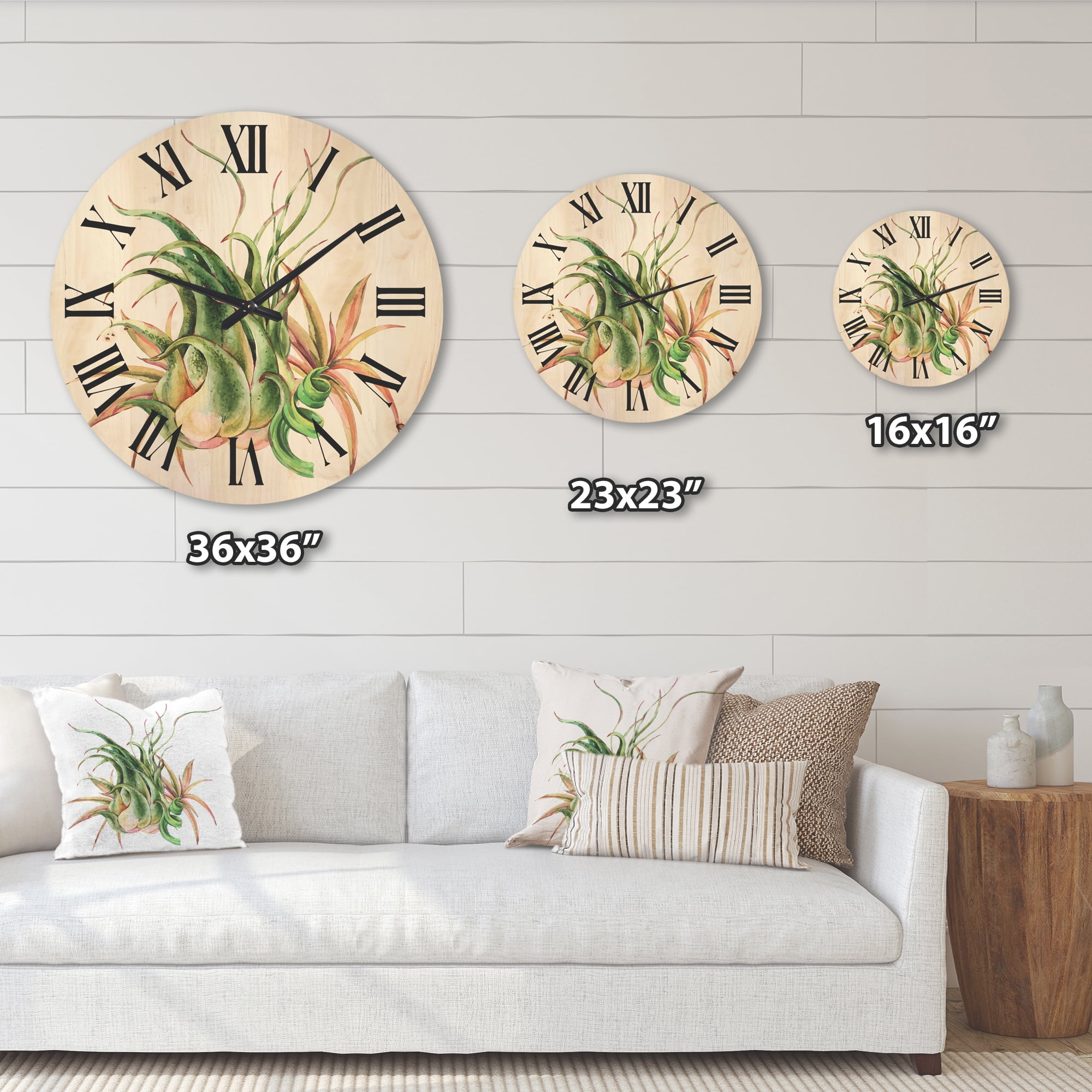 Designart 'Tropical Leaves Air Plant Succulent On White' Farmhouse Wood Wall Clock
