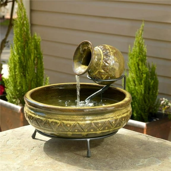 Smart Solar Cairo Ceramic Jug Solar Fountain, Green Glaze, Solar-Powered, Indoor/Outdoor Use