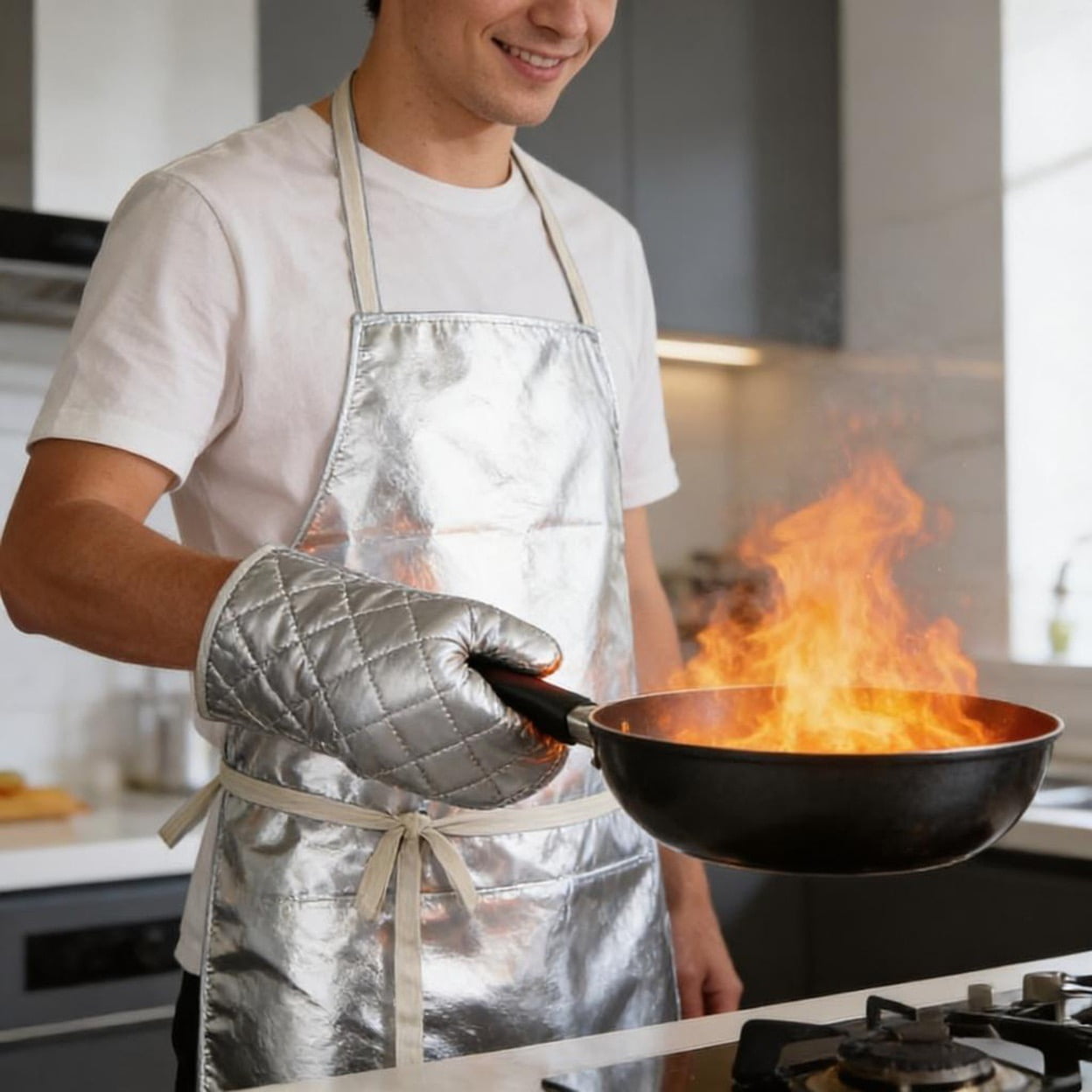 Heat Resistant Aluminum Foil Apron – High Temperature Protective Kitchen Apron, Fireproof & Oil-Proof Apron for Cooking, BBQ, Baking