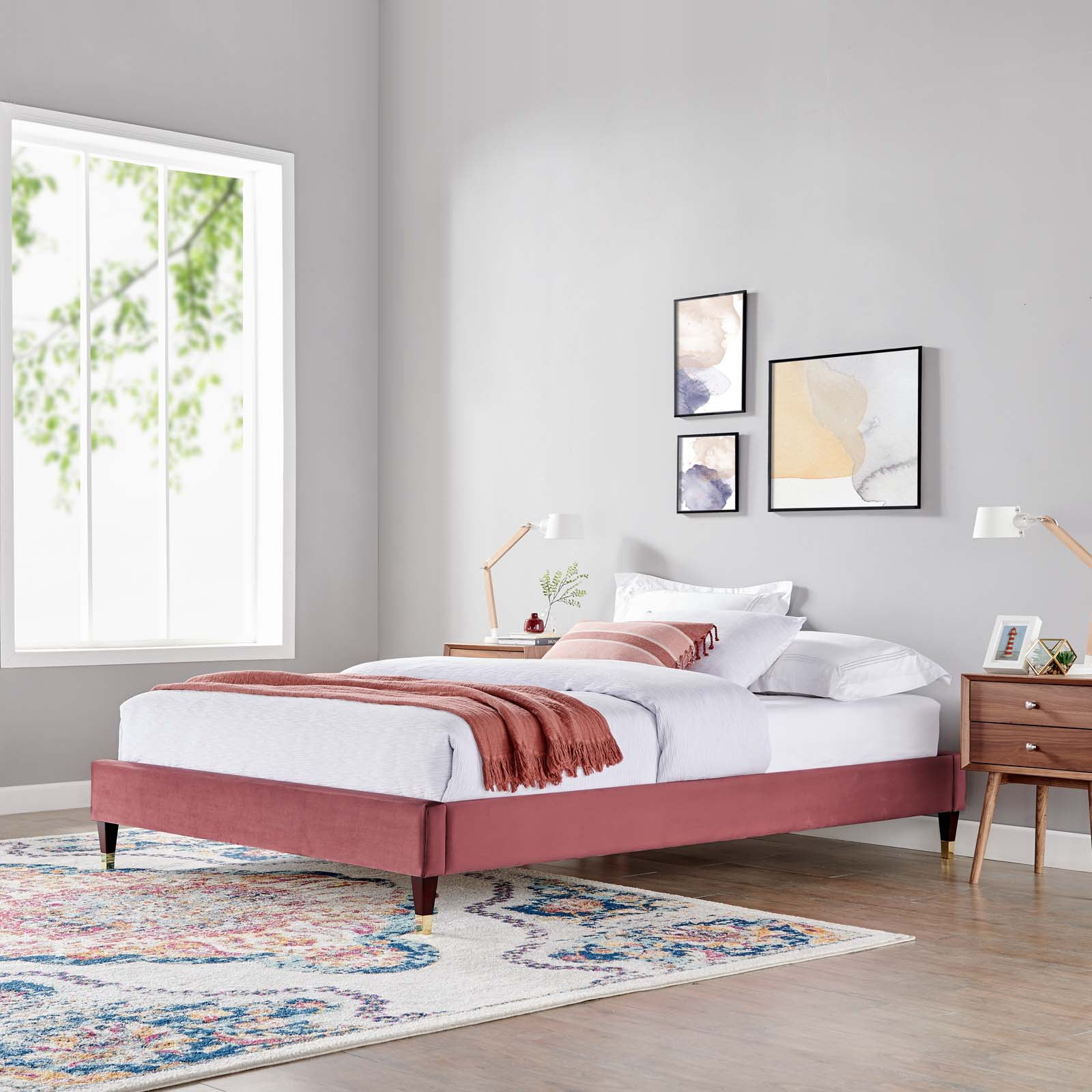 Platform Bed Frame, King Size, Velvet, Pink, Modern Contemporary Urban Design, Bedroom Master Guest Suite