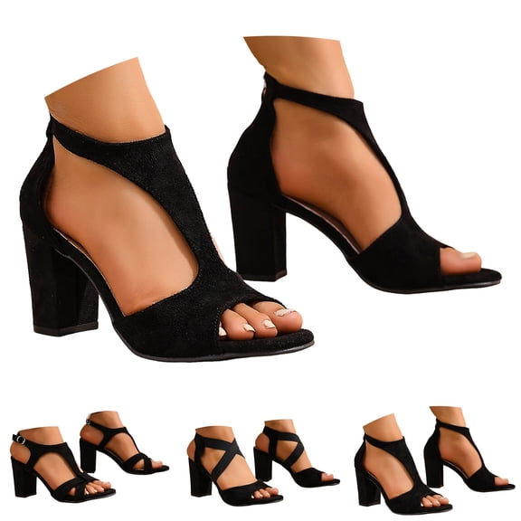 Pandaie Women Open Toe Heels Sandals Ankle Strap 2.95 Inch Chunky Heeled Dressy Pumps Slingback Casual Wedding Party Dress Thong Shoes Black Size 6
