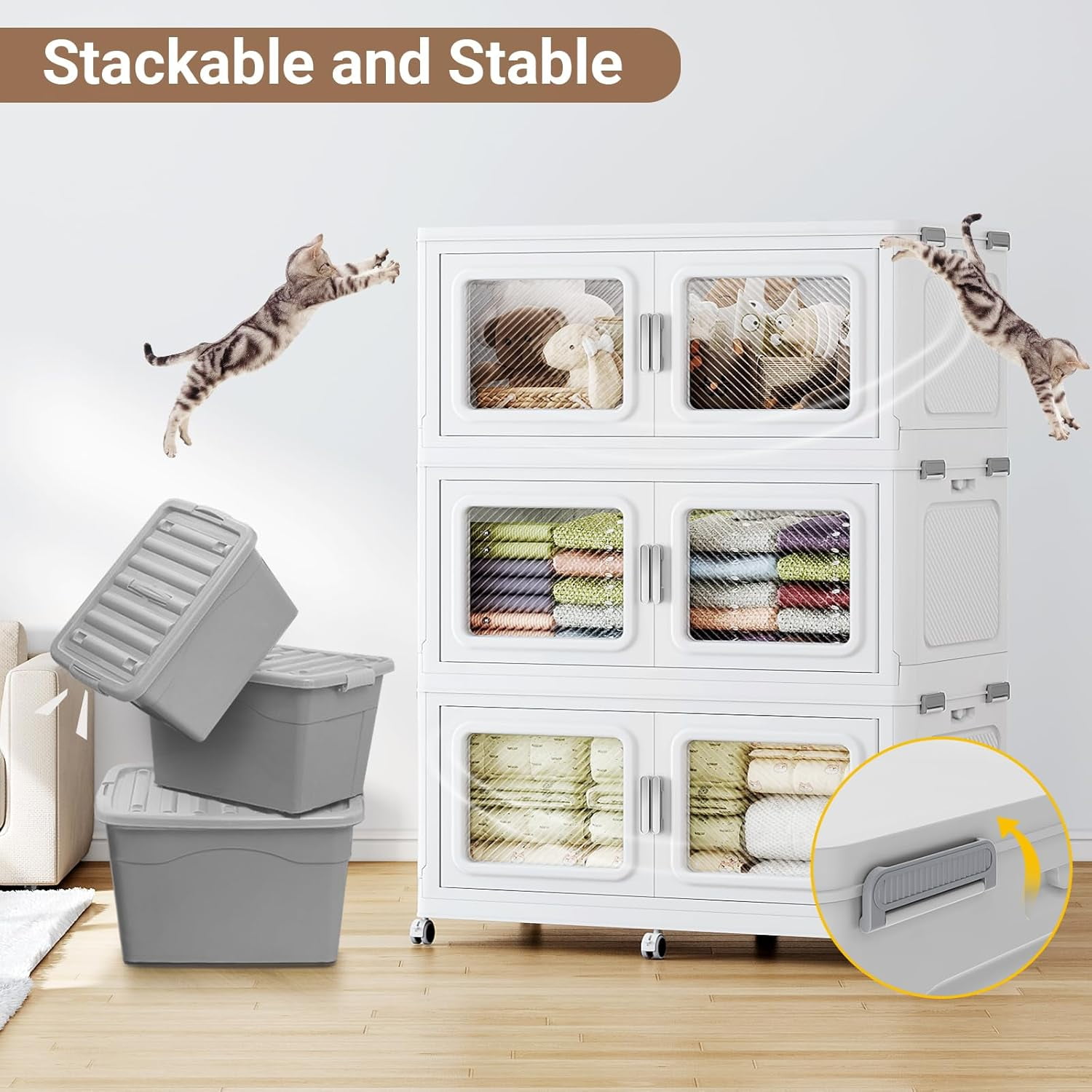 Broview 660QT Stackable Storage Bins with Lids, Extra Large 165Gal Foldable Crates for Family Storage, Kids Sports Gear, Holiday Decor, Space Saving Collapsible Toy, Closet Organizers, 3-Pack White