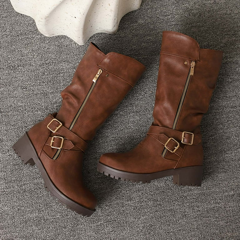 Leozcaa Women's Mid Calf Dress Boots Biker Motorcycle Riding Boots Leather Comfort Buckle with Side Zipper - Walmart.com Leozcaa Women's Mid Calf Dress Boots Biker Motorcycle Riding Boots Leather Comfort Buckle with Side Zipper - Walmart.com