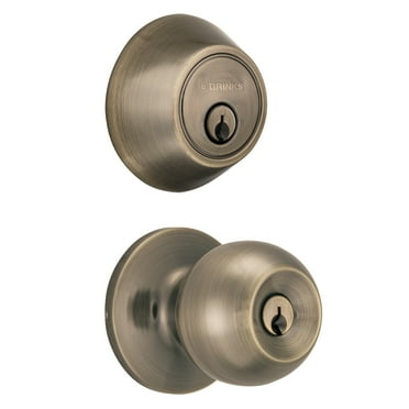 Brinks Keyed Entry Classic Ball Doorknob and Deadbolt Combo, Antique Brass Finish