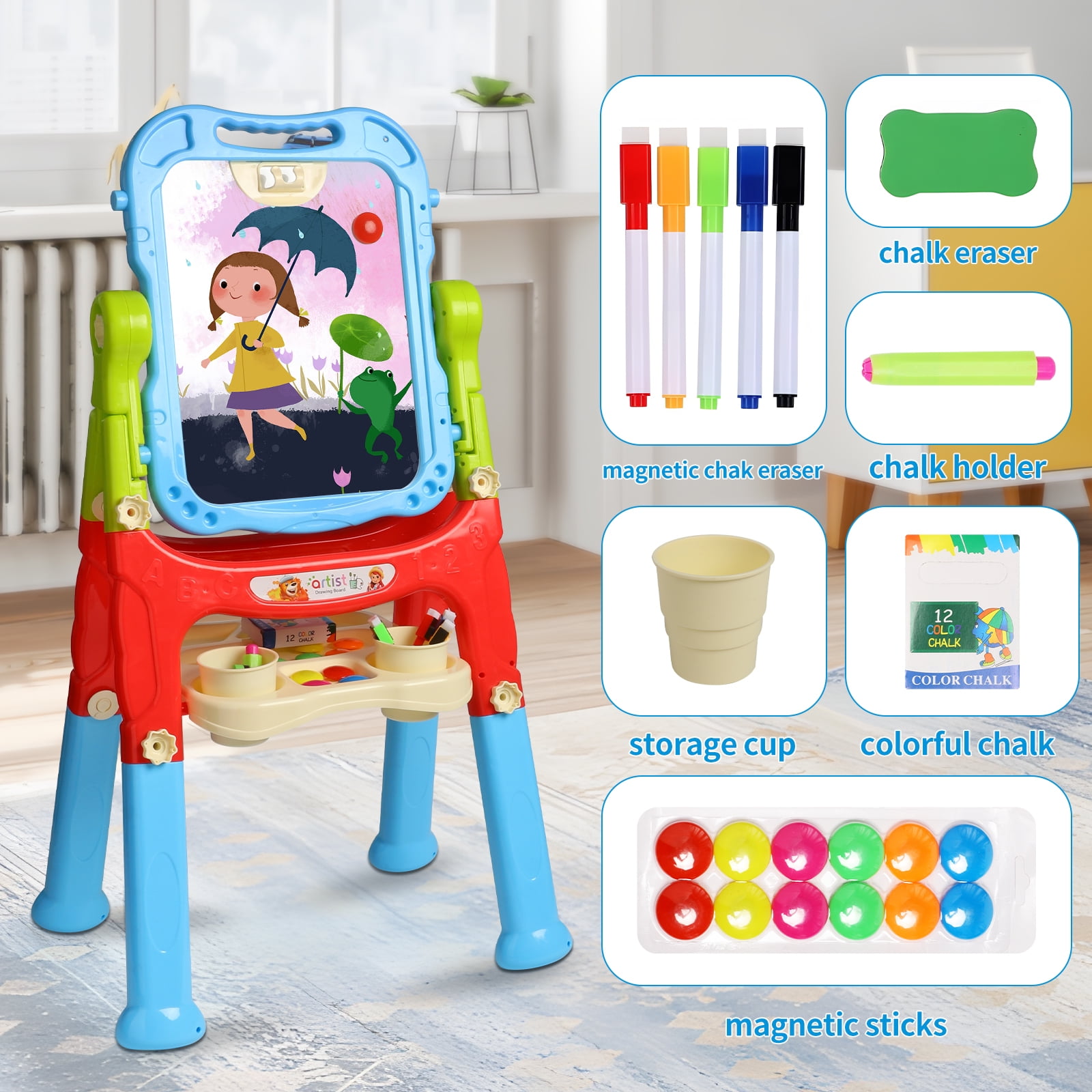 Carsky Double-Sided Kids Art Easel with Chalkboard Magnetic Board, Christmas Birthday Gift for Boys Girls Age 3+