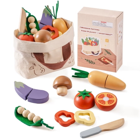 Robud 7PCS Wooden Cutting Food Playset - Montessori Pretend Kitchen Toys for Toddlers Role Play Gift for Boys & Girls Vegetables