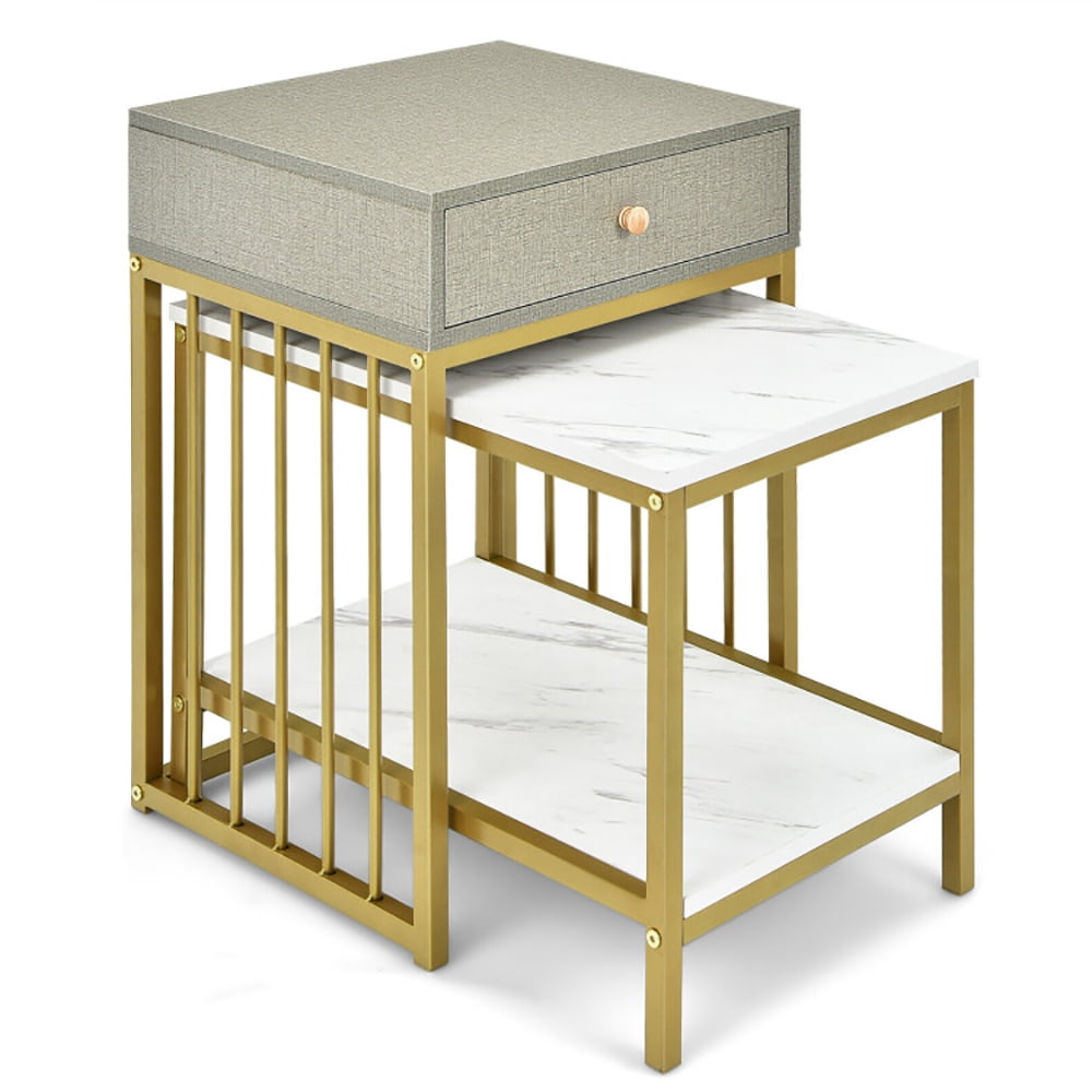 Finihen Rectangular Nesting Coffee Table, Modern Nesting Side Set, 2 Pieces Modern Nesting Coffee Table Set with Drawer and Shelf, for Living Room, Bedroom, Reception Room, White