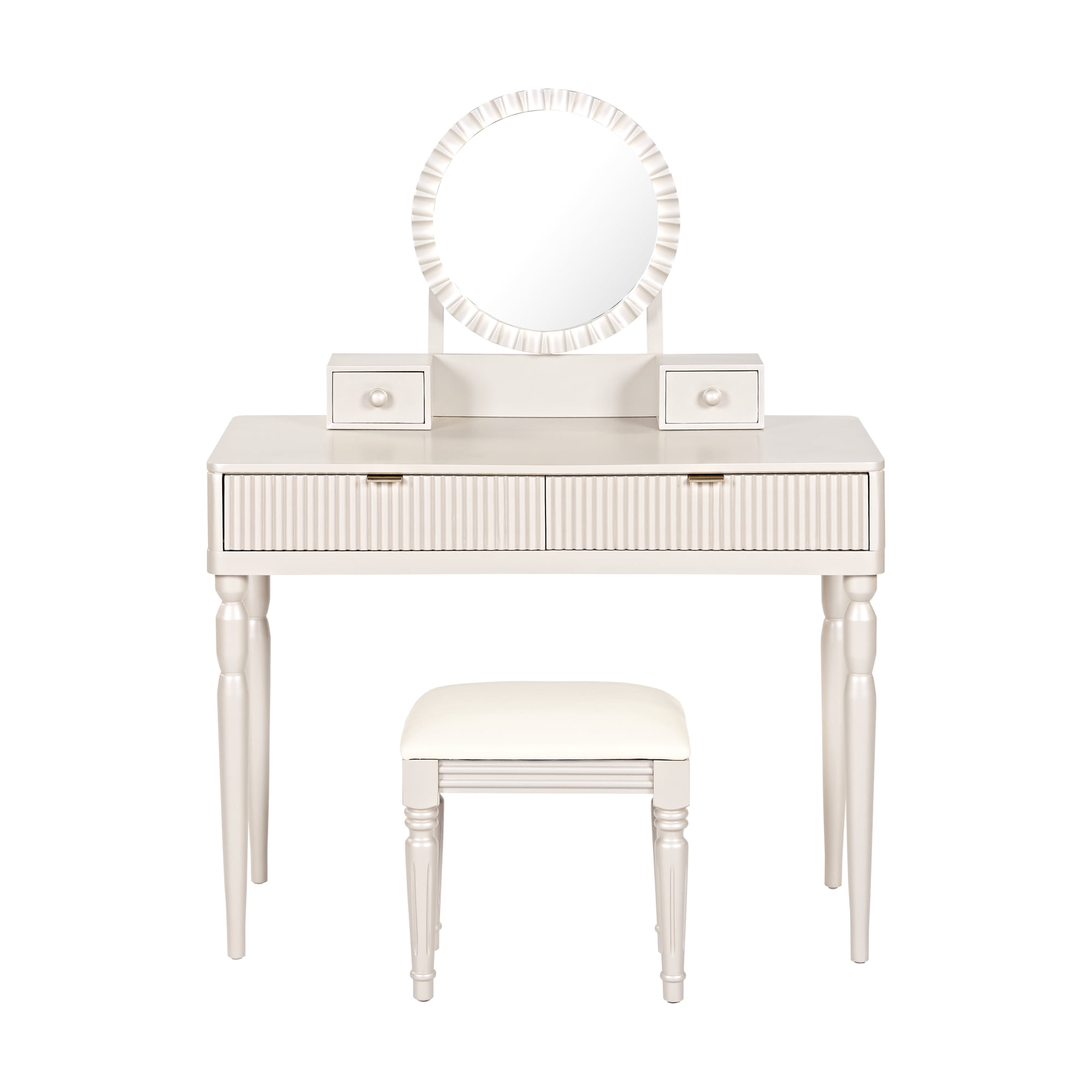 Homy Casa Makeup Vanity Table with Round Mirror, 4 Drawers & Stool, Cream White