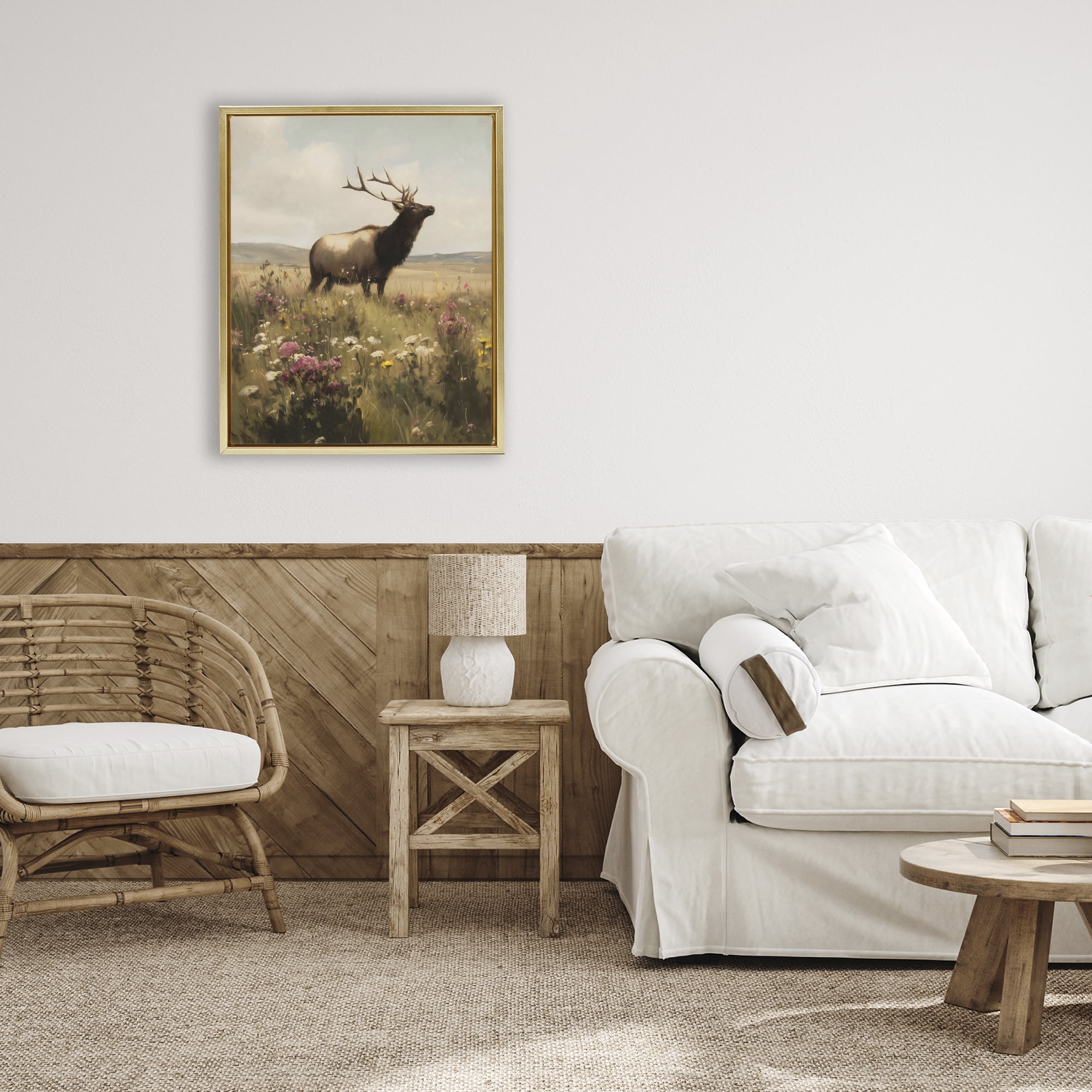 Stupell Industries Elk in the Wildflower Meadow Gold Framed Floater Canvas Wall Art, design by Arlington Prints