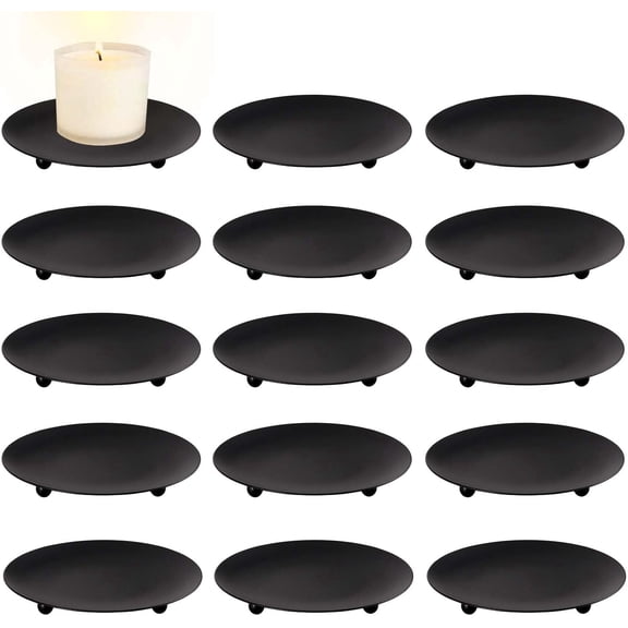 15 Pack Iron Plate Candle Holder, 4 Inch Black Candle Stand Plates for LED & Wax Candles, Decorative Iron Plate for Valentines Weddings Party Decorations