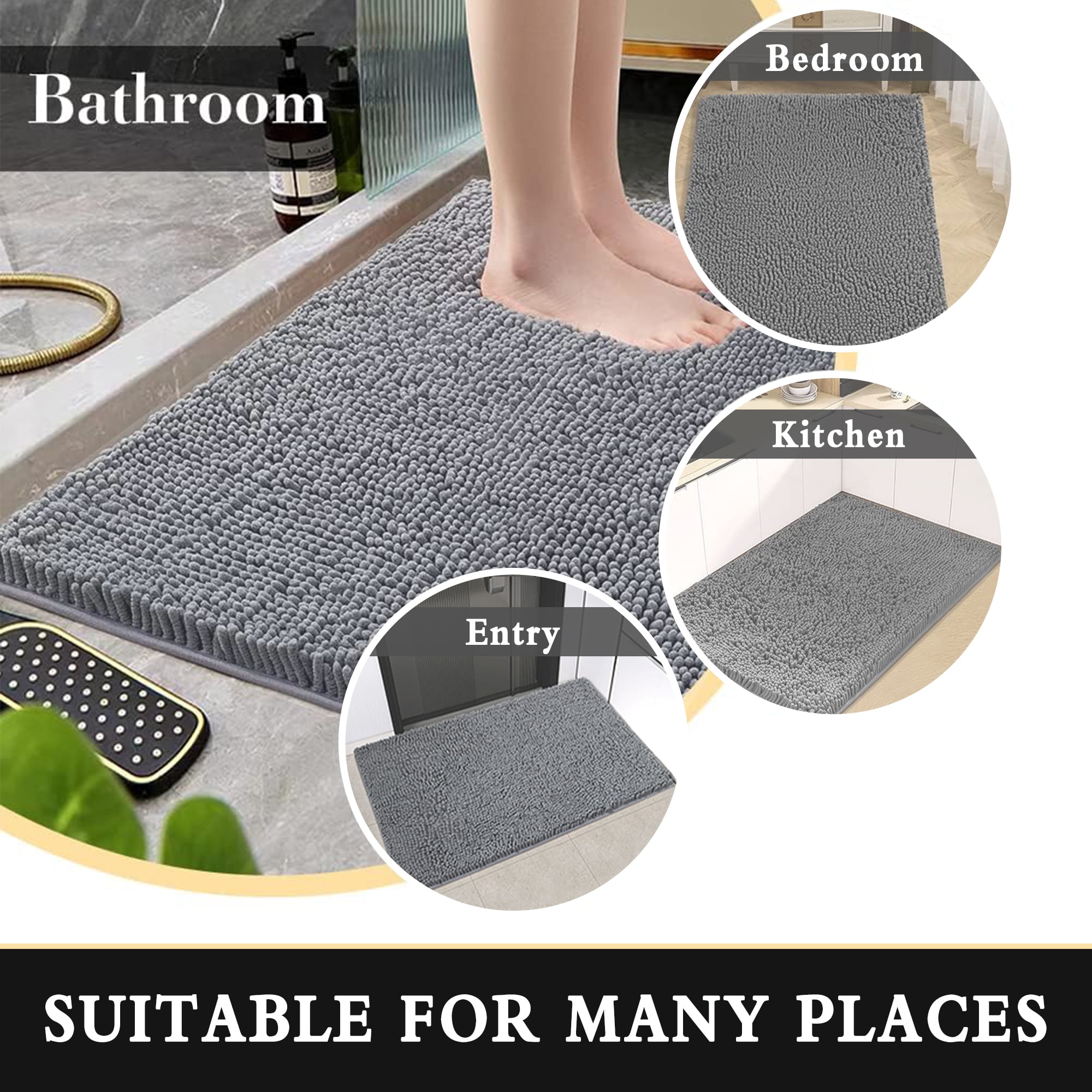 Furrygo Gray Chenille Bathroom Rugs, Thick Soft Absorbent Bath Rugs, Machine Washable Bath Mats for Bathroom Floor, Tub and Shower
