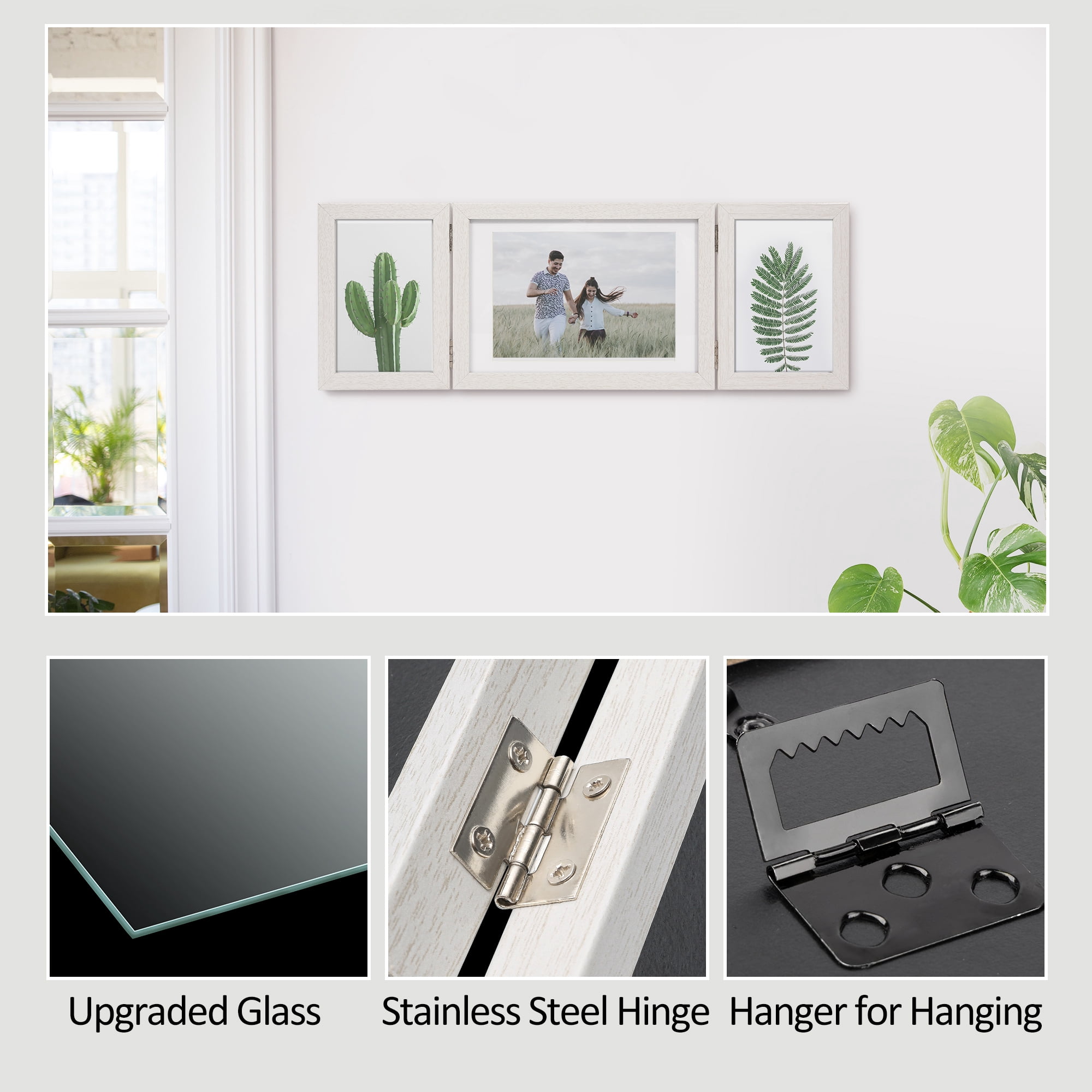 SUMGAR 5x7 White Picture Frame 3 Opening Triple Hinged Folding Frames Wall Tabletop Display, Photo Collage Frame for Wedding, Anniversary, Mother’s Day