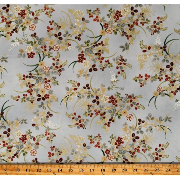 Cotton Flowers Delicate Metallic Florals Kyoto Garden Gold Metallic Accents Gray Cotton Fabric Print by the Yard (KYOTO-CM1671-SILVER)