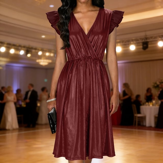 TaTaai Women's Party Midi Dress V-Neck Puff Sleeve Sparkling Solid Color Loose Fit A-Line Casual Prom Night Out Dress Gift