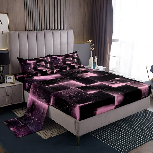 YST Black and Pink Bed Sheets Set Modern Abstract Twin Size Sheet Sets, 3D Glowing Plaid Sheets Twin Gradient Grid Bed Set, Neon Square Flat Sheet 3pcs