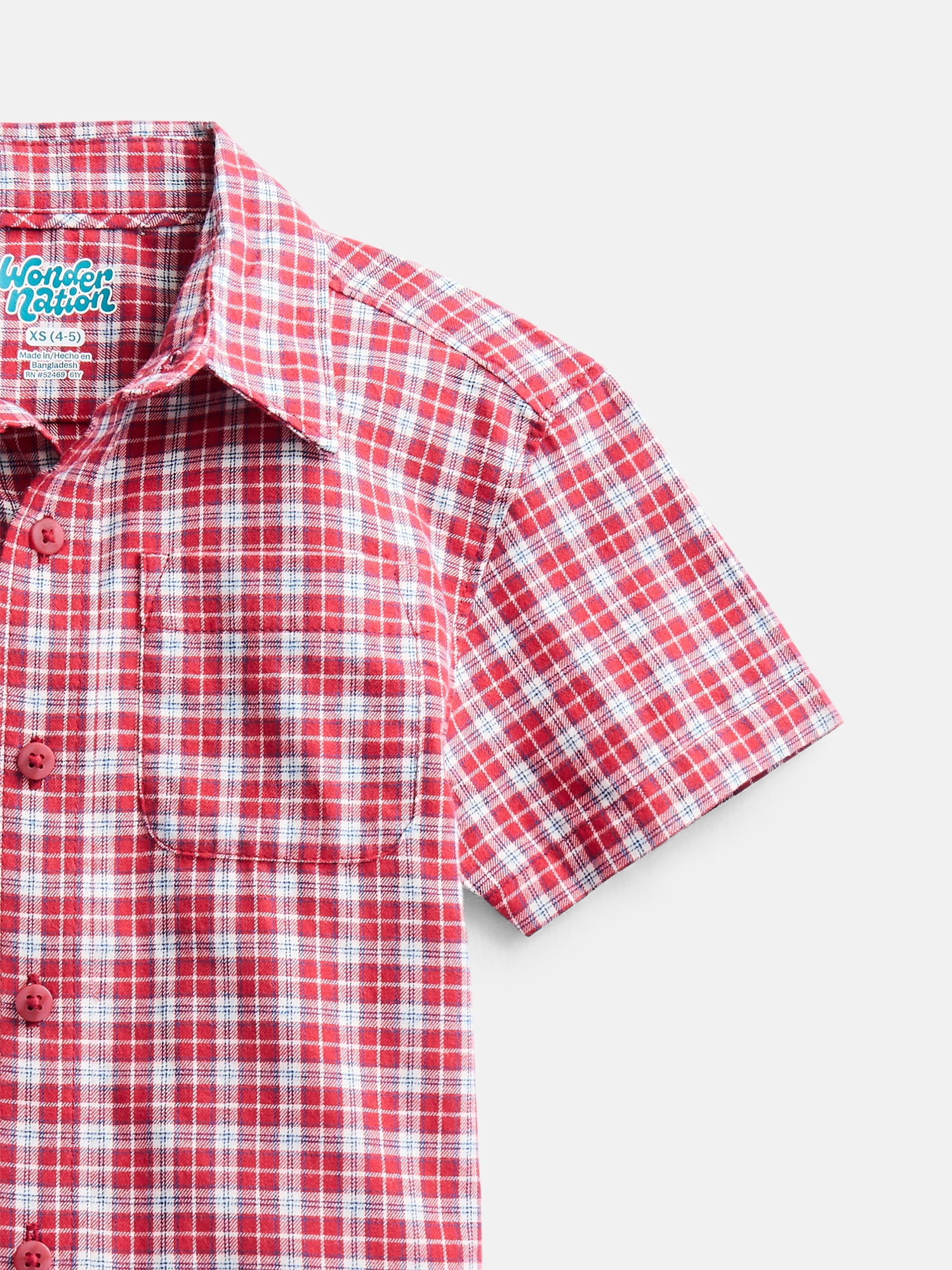 Wonder Nation Boys' Button Front Cotton Shirt with Short Sleeves, Sizes 4-18 & Husky