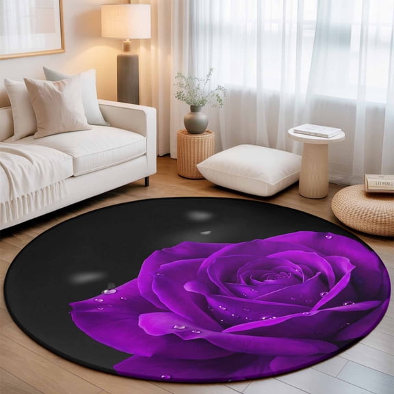 Washable Round Area Rug Purple Rose Flower on Black Circle Rugs Floor Carpet for Living Room Bedroom, Floral Close-up Water Droplets Soft Non Slip Round Rug 3ft
