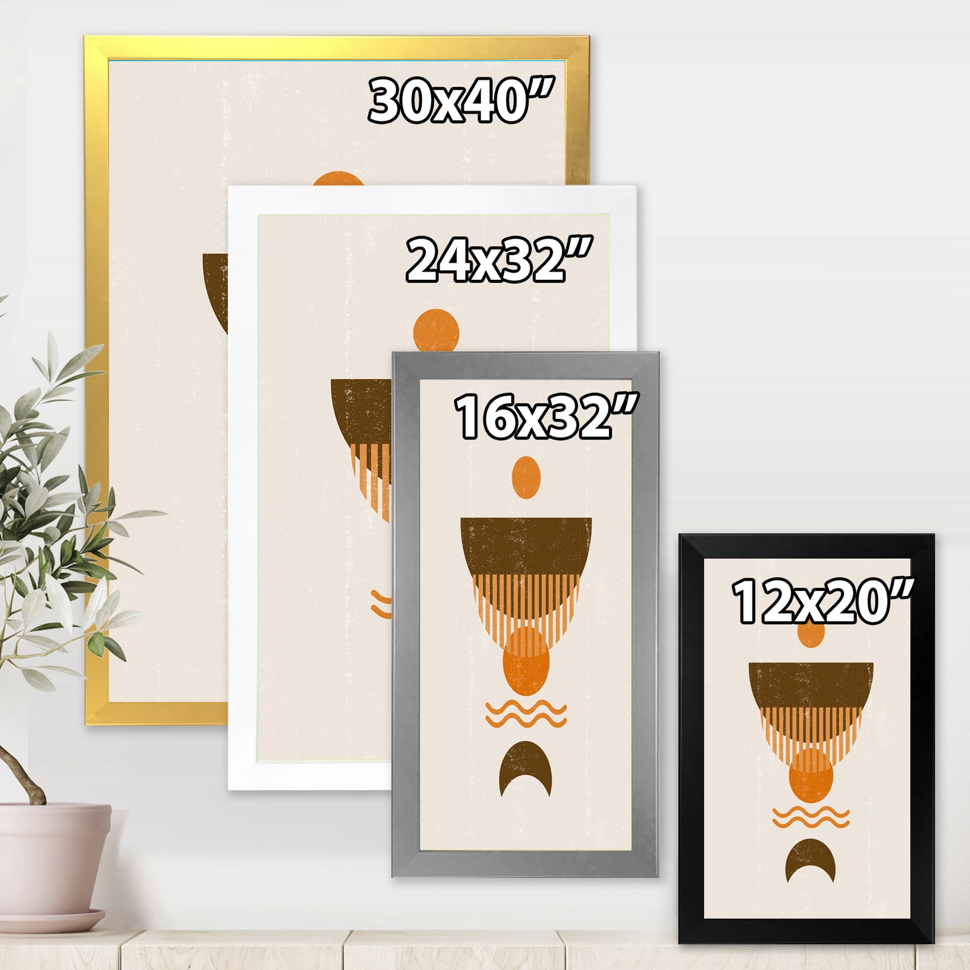 Designart 'Abstract Minimal Brown Moon and Orange Sun' Modern Framed Art Print