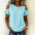 thumbnail image 4 of ClodeEU Women's Cold Shoulder Striped Blouse,Round Neck Short Sleeve T-Shirt for Summer Sky Blue,Women's Plus M, 4 of 8