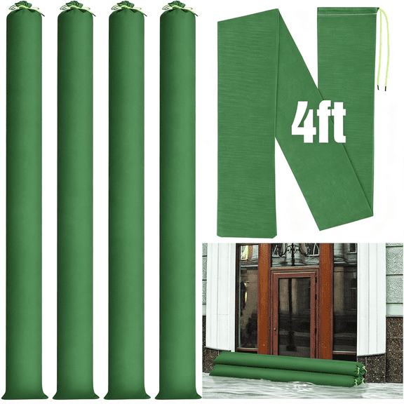 ACDANC 4 Pcs 4 Ft Sandbags for Flooding, Flood Prevention Sand Tube Bags Thickened Canvas Reusable Rain Wind Flood Barrier with Elastic Band Water Barrier Tube for Door Garden Rain Control, Green