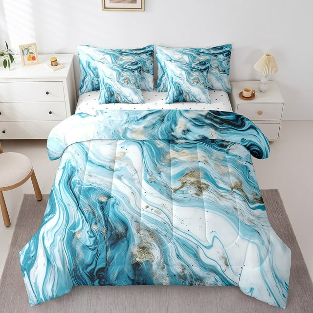 YST Blue Marbling 7-Piece Comforter Set, King Size, Mountain Fluid Watercolor, Abstract Artwork