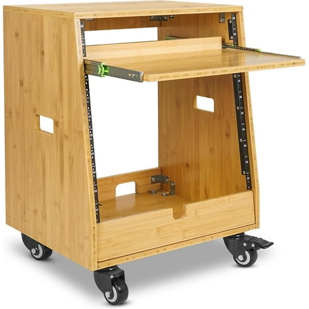 Sound Town DIY Solid Carbonized Bamboo Slanted 10U Studio Rack (2U Top   8U Lower), with 2U Bottom Storage, Slide-Out Tray, Caster, For Recording Room, Home Studio (STBR-ST10T)