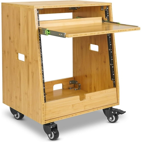 Sound Town DIY Solid Carbonized Bamboo Slanted 10U Studio Rack (2U Top   8U Lower), with 2U Bottom Storage, Slide-Out Tray, Caster, For Recording Room, Home Studio (STBR-ST10T)