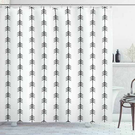 Arrow Shower Curtain, Vertically Aligned Streaks Basic Aztec Inspired Concept Retro Style, Fabric Bathroom Set with Hooks, 69W X 75L Inches Long, Charcoal Grey and White, by Ambesonne