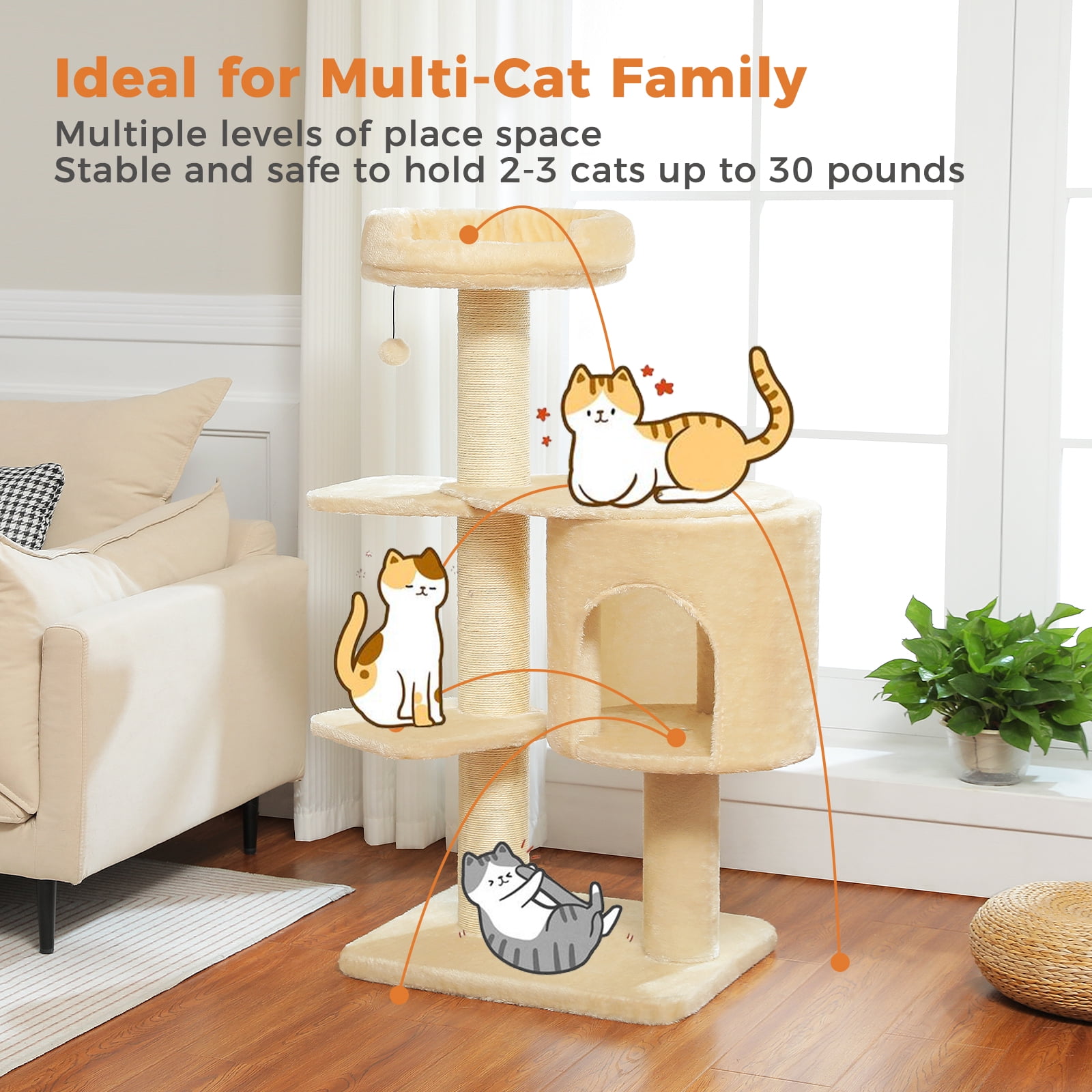 PEQULTI 50" Flower Cat Tree for Cats Indoor 4.1" Thick Scratching Post with 2-Layer Baseboard Beige