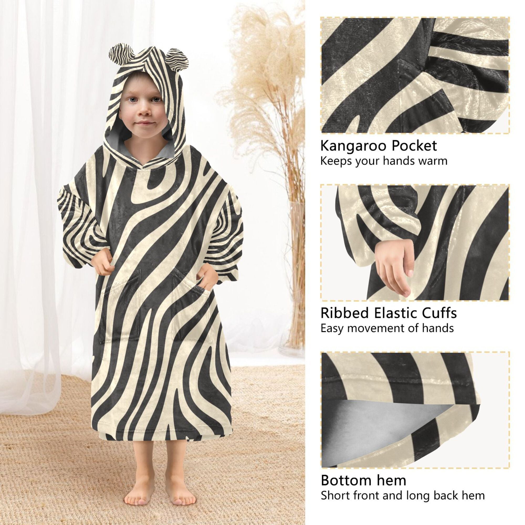 FORMRS Wearable Blanket Hoodie with Sleeves for Kids Cozy Flannel Sweatshirt, Black Lines