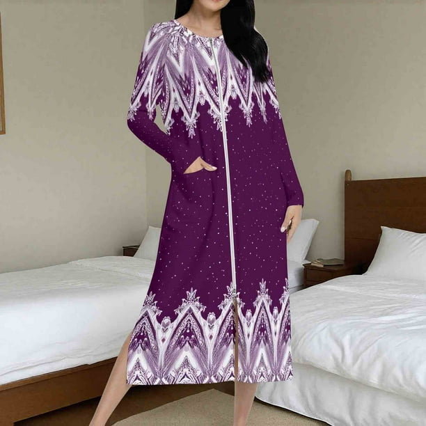 Batas de invierno para mujer, camisón cálido y camisón de invierno con cremallera y bolsillos, pijama holgado para mujer.