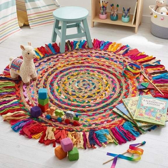 Harlow Hill Cora 3'6" Round Rainbow Striped Hand Braided Reversible Jute Indoor Area Rug