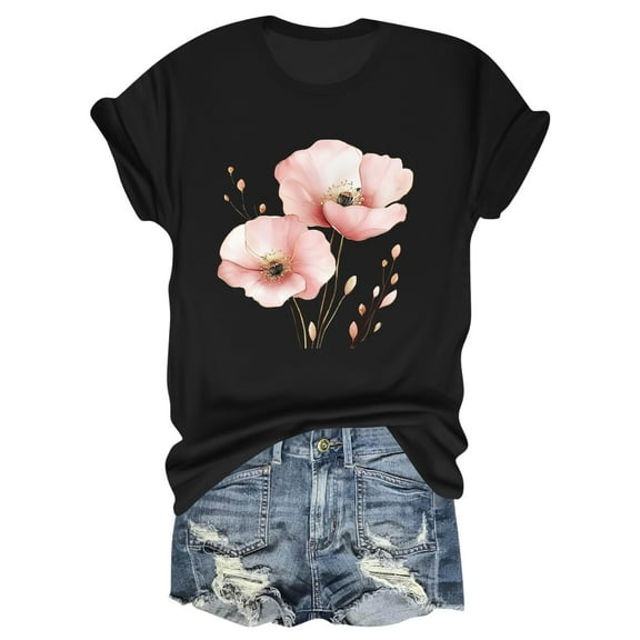 NAMTYQX Women's Blouses Bedruckt Short Sleeve Print Lightweight Plus Size Cool Round Neck Baggy Trendy Cute Tops for Teen Girls Black Size L